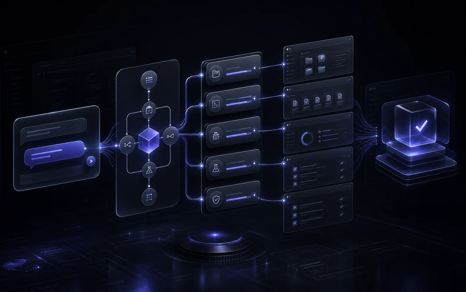 Layered dark interface showing an AI software agent moving from planning through file operations, testing, and verification