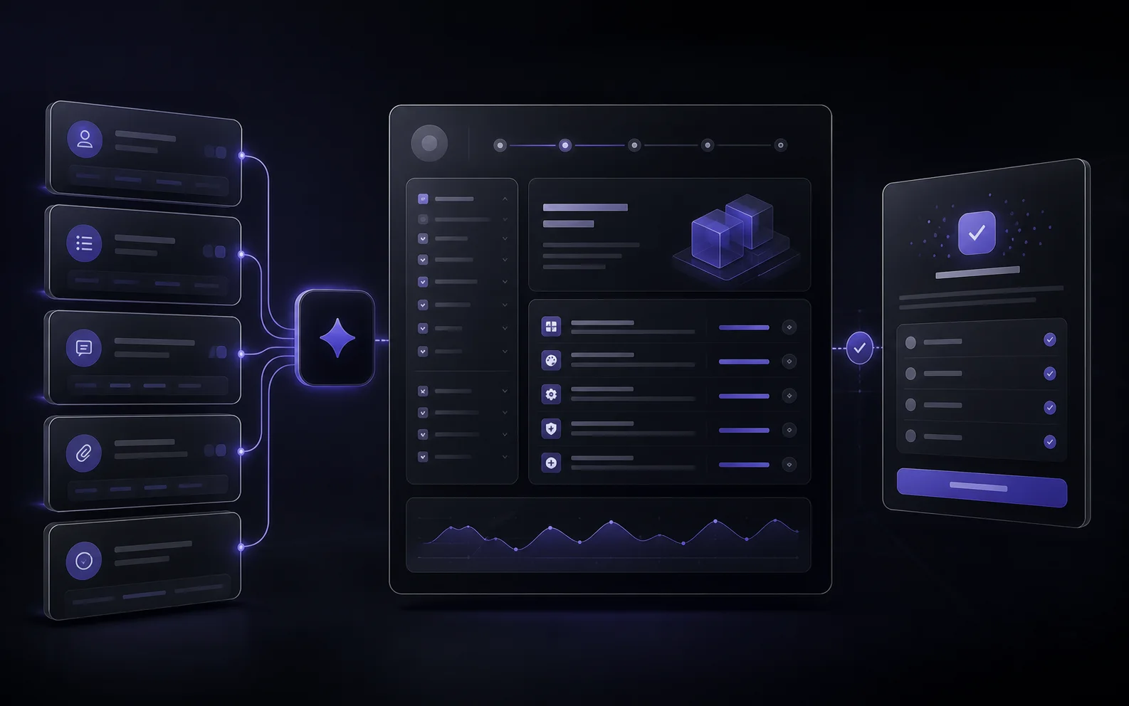Dark estimation workflow connecting customer intake, scope review, assisted reasoning, and an approved estimate
