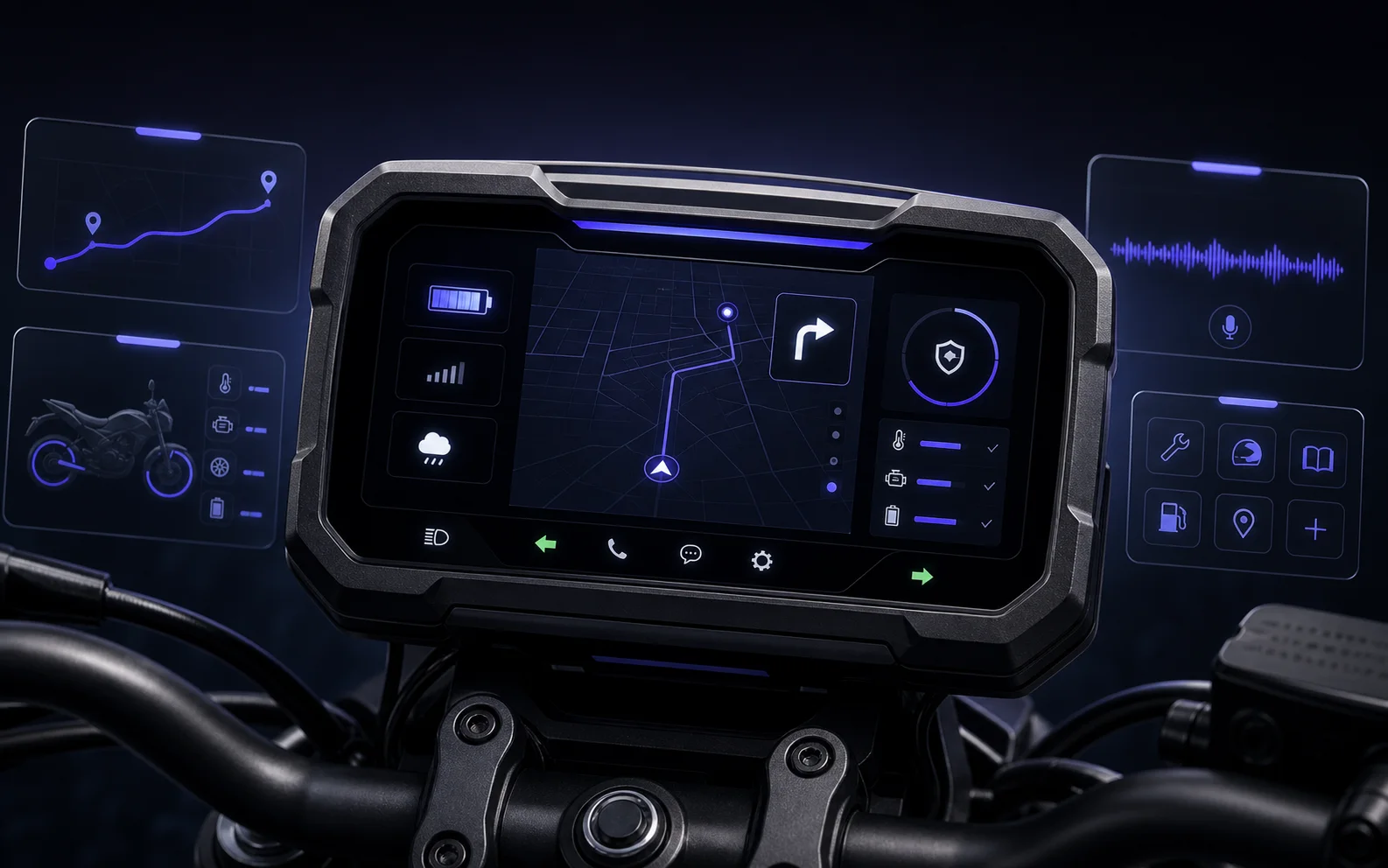 Industrial design concept for a motorcycle dashboard with navigation, vehicle states, phone connectivity, and rider assistance