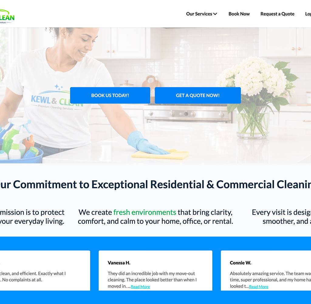 KEWL & CLEAN BookingKoala homepage with residential and commercial cleaning booking calls to action